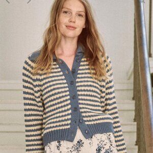 THE GREAT. Blue and Cream Striped Cardigan